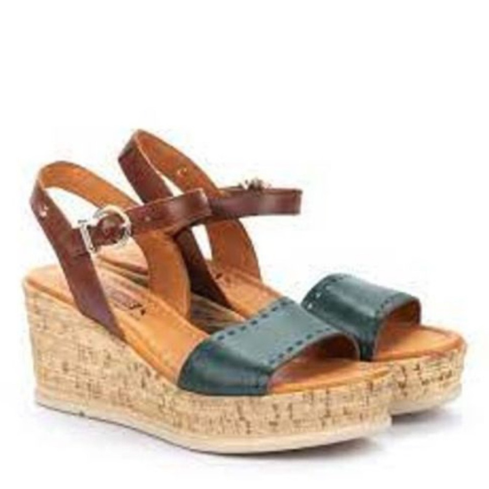 PIKOLINOS Teal and Brown Cork Wedge Sandals
